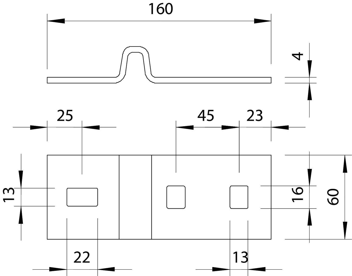 Tehnički nacrt metalnog dijela s dimenzijama: duljina 160, širina 60, visina 4, prikazan s rupama i razmacima.