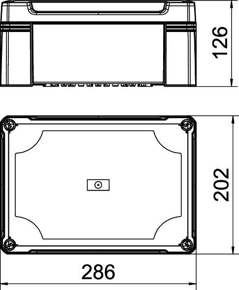 Tehnički nacrt pravokutnog kućišta s dimenzijama: širina 286 mm, visina 126 mm, dubina 202 mm, prikazan sprijeda i odozgo.
