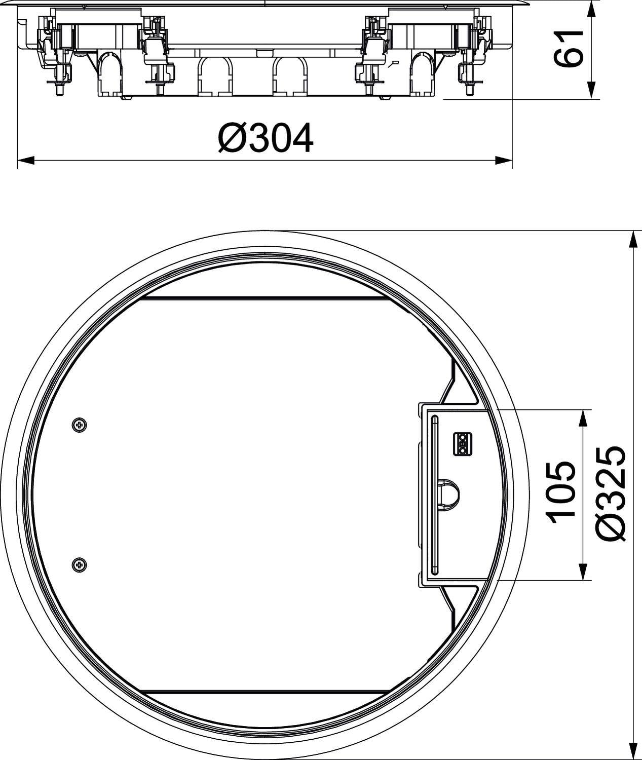 Tehnički nacrt okruglog dijela promjera 325 mm i visine 61 mm. Gore presjek, dolje pogled odozgo s dimenzijama.