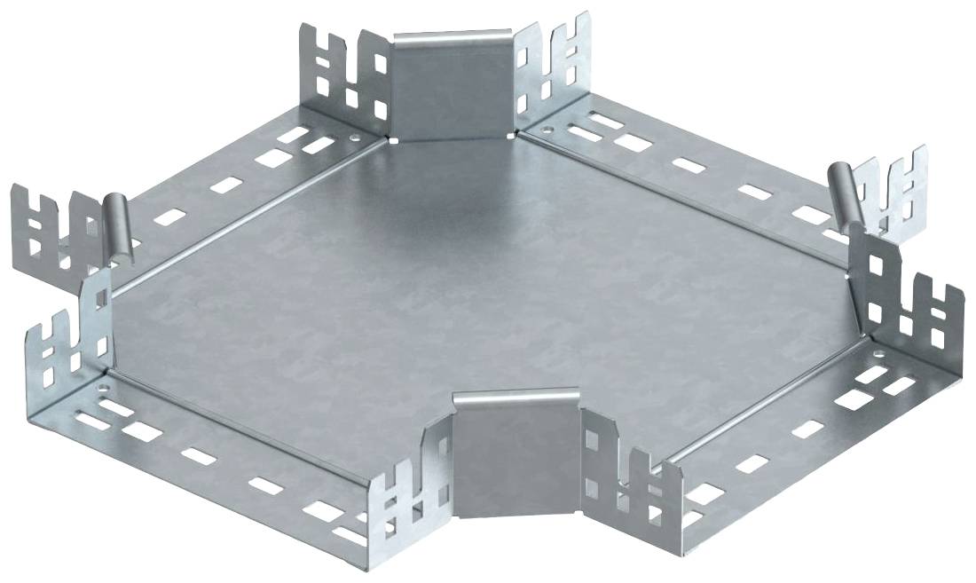 Šesterokutni metalni dio s otvorenim stranama i perforiranim rubovima, vjerojatno spojni element za kabelske nosače.