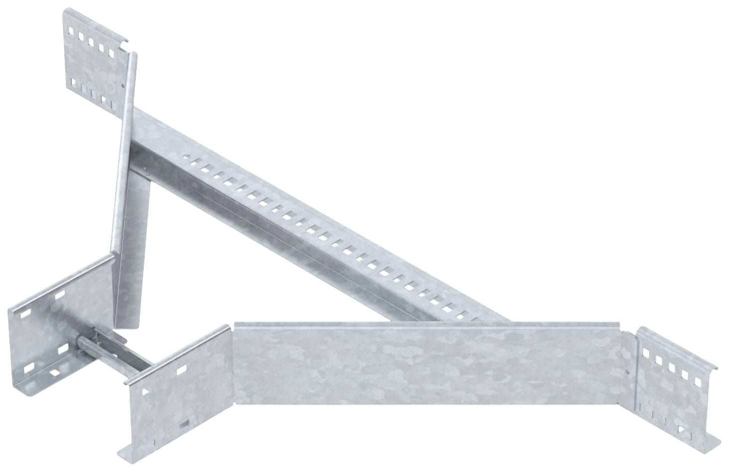 Metalna kutna konzola: L-oblikovana struktura s unaprijed izbušenim rupama, pogodna za građevinske ili montažne svrhe. Čvrsti materijal srebrne boje.