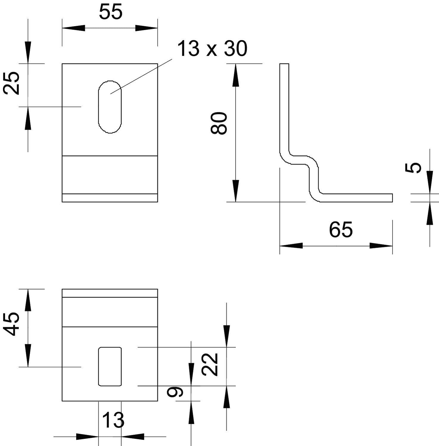 Tehnički nacrt metalnog profila s dimenzijama. Gore lijevo: prednji pogled s mjerama 55x80 mm i otvorom 13x30 mm. Gore desno: bočni pogled, dubine 65 mm. Dolje: dodatni detaljan prikaz.