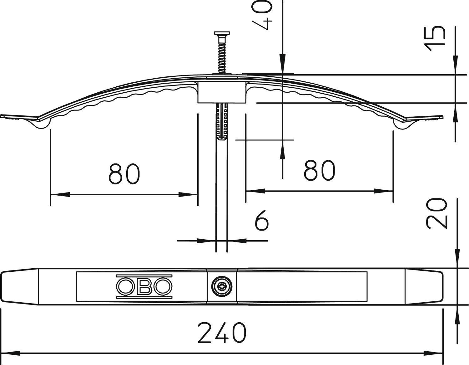 Tehnički nacrt nosača komponente s mjerama: širina 240 mm, visina 40 mm. Detalji prikazuju vijak i simbole na bazi.