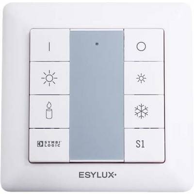 Uređaj 'ESYLUX' prekidač svjetla s različitim simbolnim tipkama za upravljanje osvjetljenjem: Uključeno/Isključeno, Svijeća, Sunčeva svjetlost, Snijeg i 'S1'.