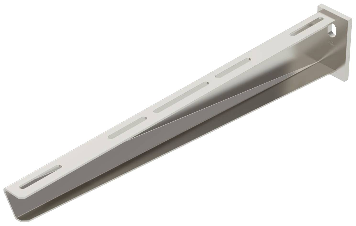 Čvrsta metalna držač s više provrtnih utora, pogodan za montažu polica ili sličnih struktura na zid.