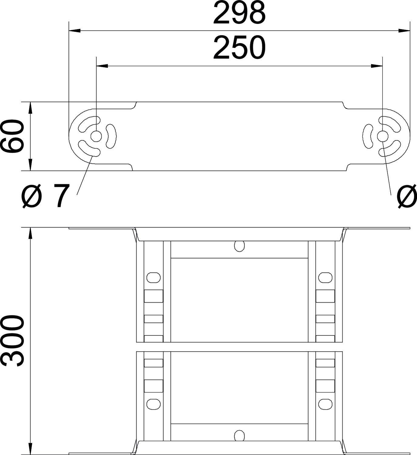 Tehnički nacrt dijela s mjerama: Duljina 298 mm, širina 60 mm, promjer rupe 7 mm; detaljan prikaz gore i sa strane.