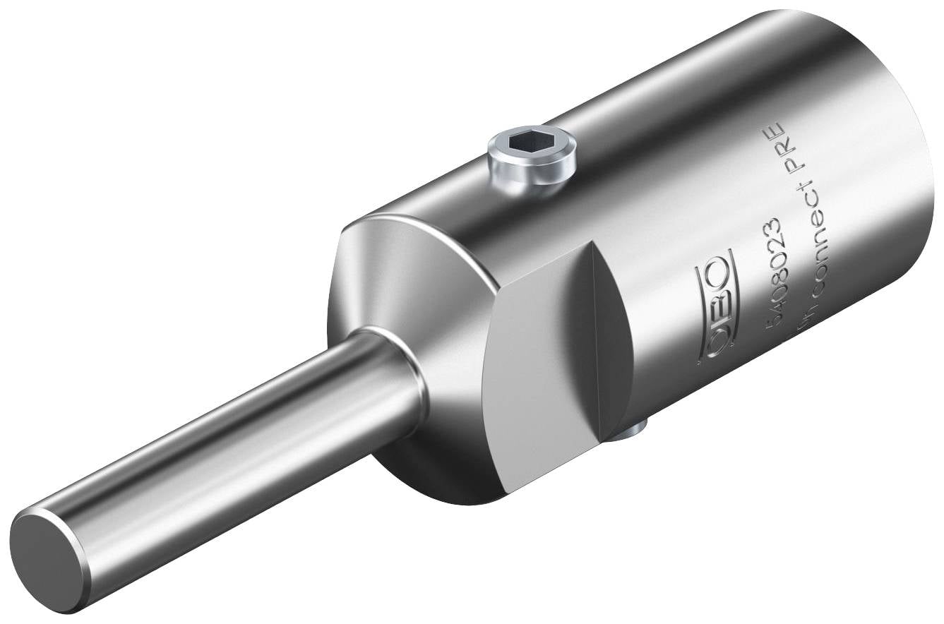 Srebrni cilindrični metalni adapter s dvije šesterokutne vijke. Natpis: "micro-connect PRE".