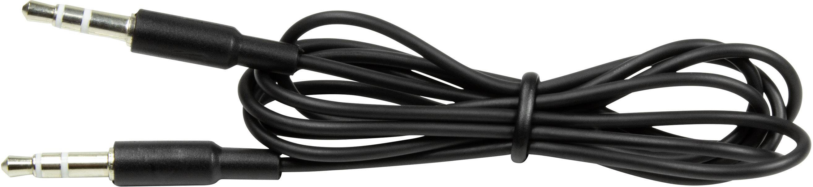 Crni audio kabel s dva 3,5-mm stereo priključka, pogodan za spajanje uređaja poput slušalica ili zvučnika.