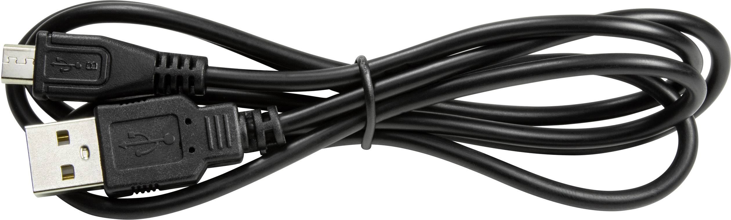 Crni USB kabel s jednim standardnim USB i jednim mini USB priključkom, smotан i učvršćen.