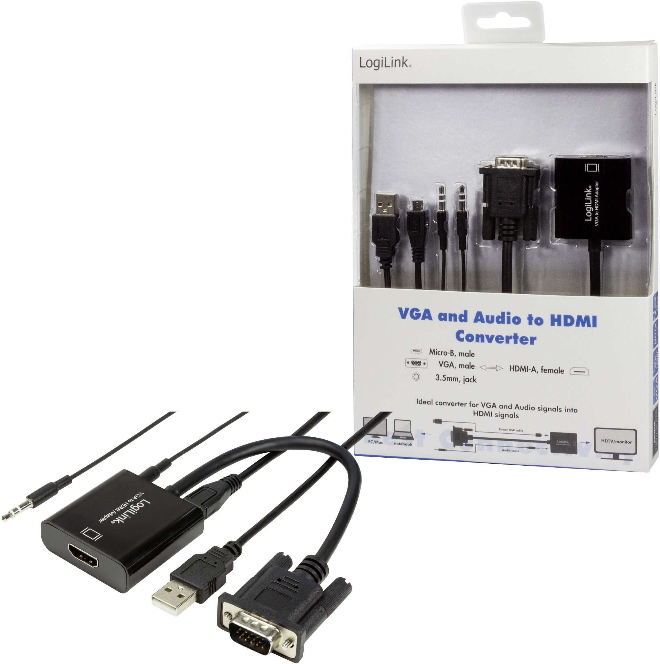 VGA i Audio na HDMI pretvarač tvrtke LogiLink s VGA-, HDMI- i USB priključcima, pogodan za spajanje VGA i audio signala s HDMI uređajima.