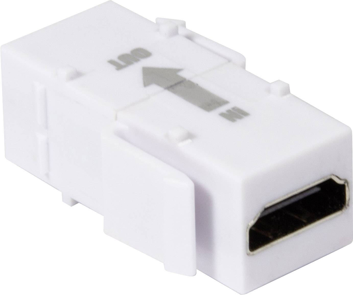 HDMI adapter u bijelom kućištu koji pokazuje strelicu i natpise 'IN' i 'OUT' kojima se označava smjer signala.
