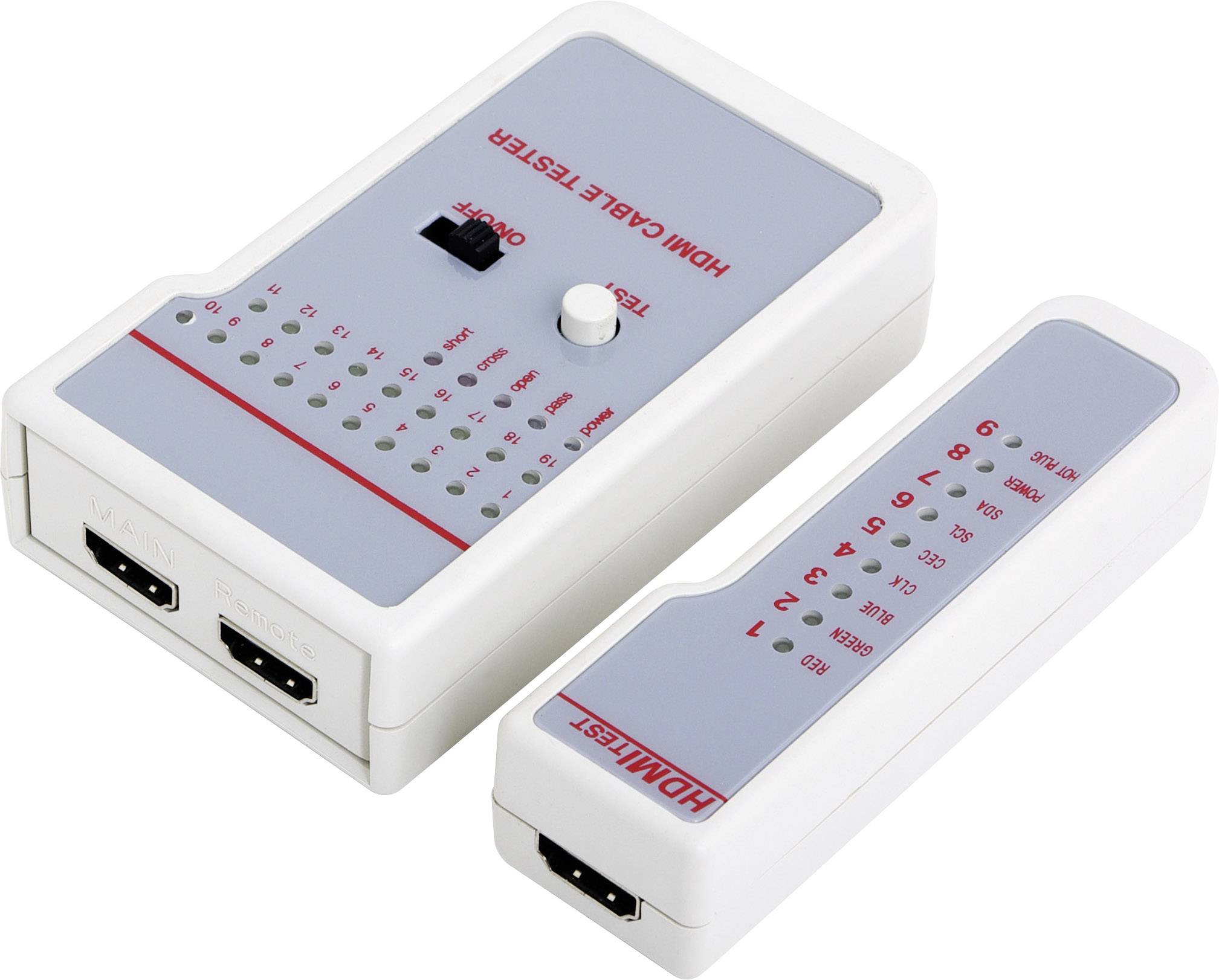 Bijeli HDMI tester kabela s dva uređaja: glavnom jedinicom i uklonjivom jedinicom. LED indikatori prikazuju status testa.