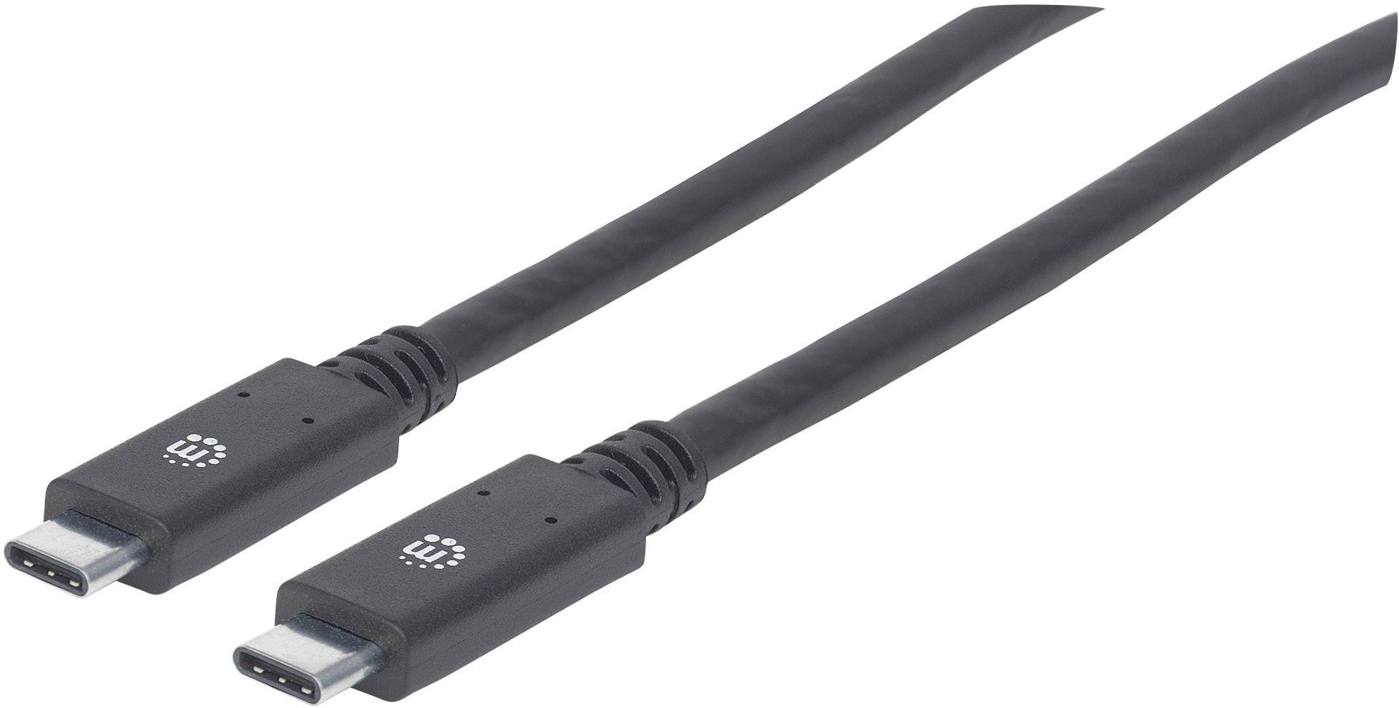 Crni USB-C kabel s dva priključka na oba kraja, pogodan za brzo punjenje i prijenos podataka na kompatibilnim uređajima.