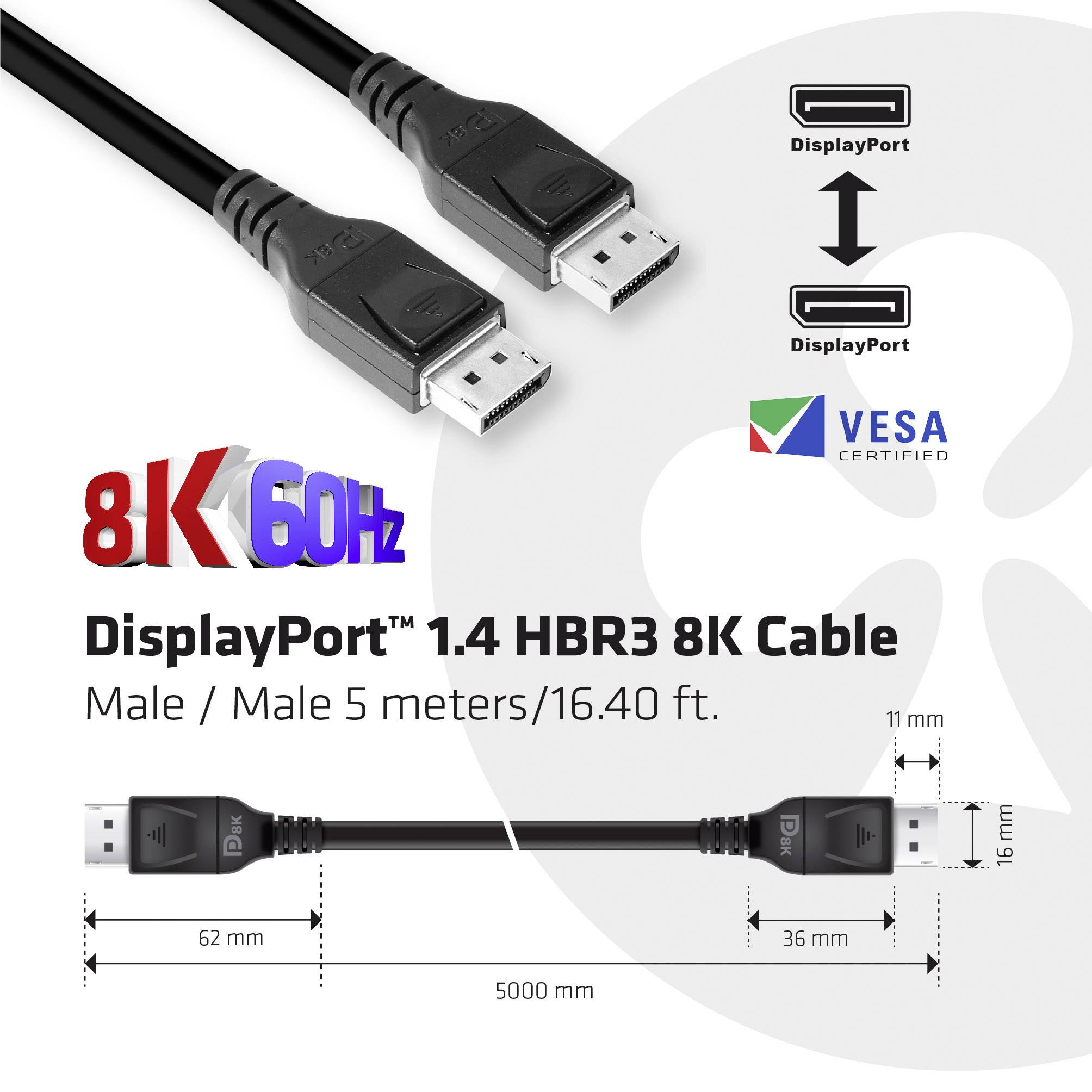 DisplayPort 1.4 HBR3 8K kabel. Duljina: 5 metara. Pogodan za 8K pri 60 Hz. Proizvođač: VESA. Prikazani su oblici utikača.