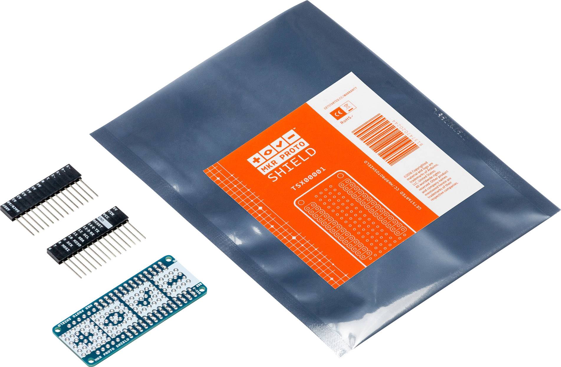 Plavi Mini Proto Shield elektronički komplet s plavom pločicom, dvije PIN trake i antistatičkom ambalažom.