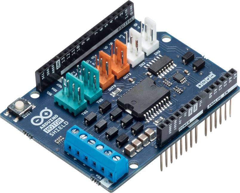 Arduino motorni štit s plavim, crvenim i zelenim priključcima, mikročipom i redovima pinova.