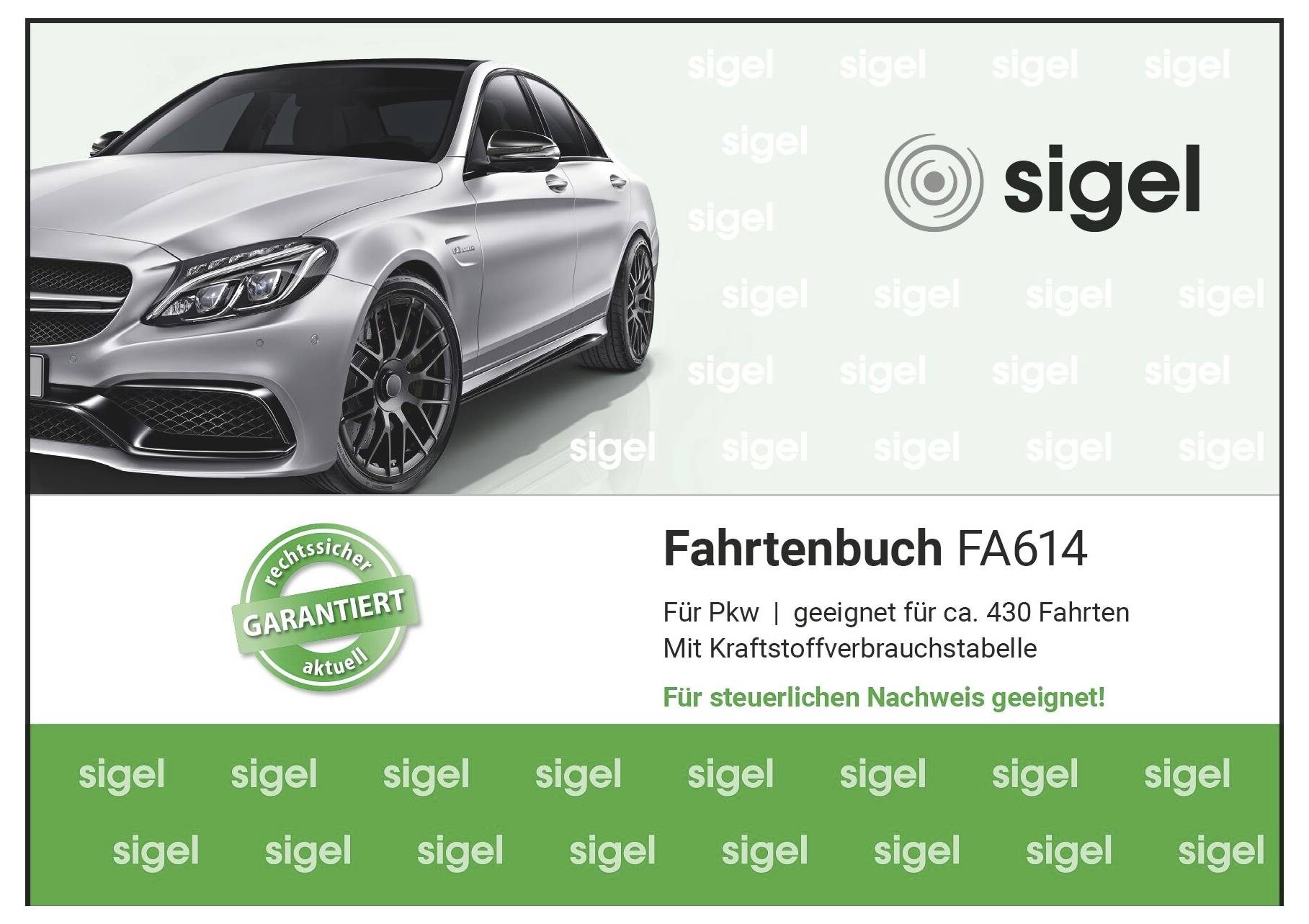 Sigel Fahrtenbuch FA614 za automobile, prikazuje srebrni sedan i zelenu pečat; prikladan za oko 430 putovanja s praćenjem potrošnje goriva.