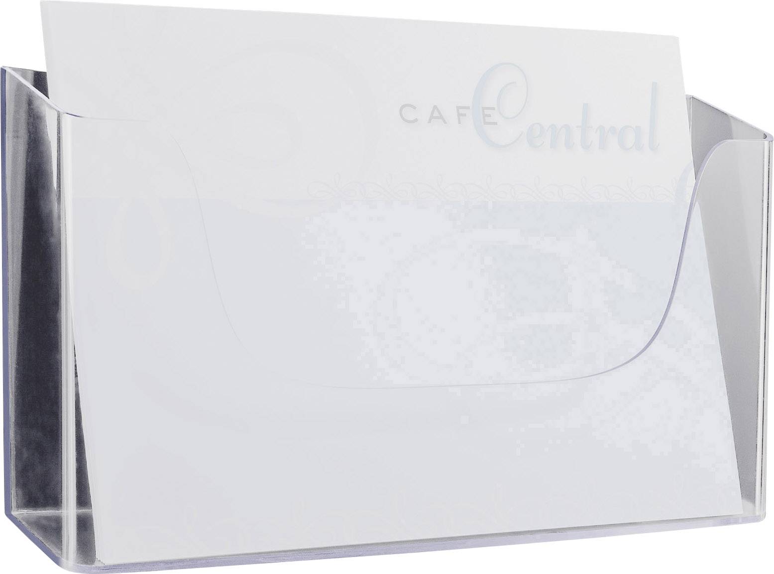Prozirni stalak za prospekte s djelomično vidljivim letkom. Gore lijevo piše riječ 'Cafe Central' plavom bojom.