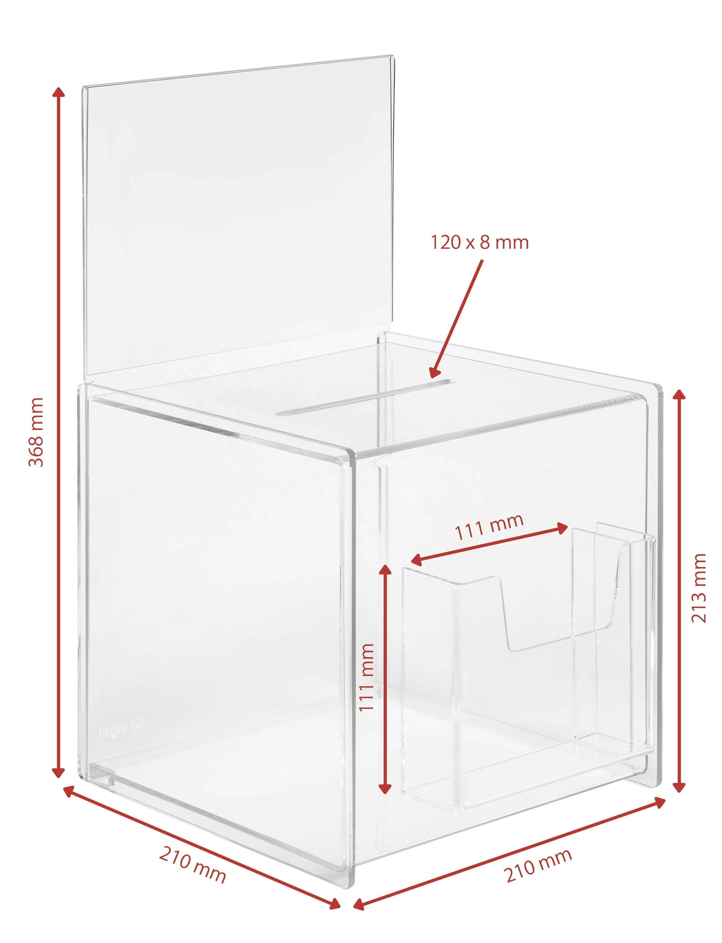 Prozirna akrilna kutija s uklonjivom glavom, visine 386 mm. Kutija je široka 210 mm i duboka 213 mm, uključuje utor na vrhu i priloženu manju džepu dimenzija 111 mm x 111 mm.