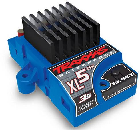 Plavi elektronički regulator brzine s velikom hladnjačkom i natpisom 'Traxxas Waterproof XL-5 HV'.