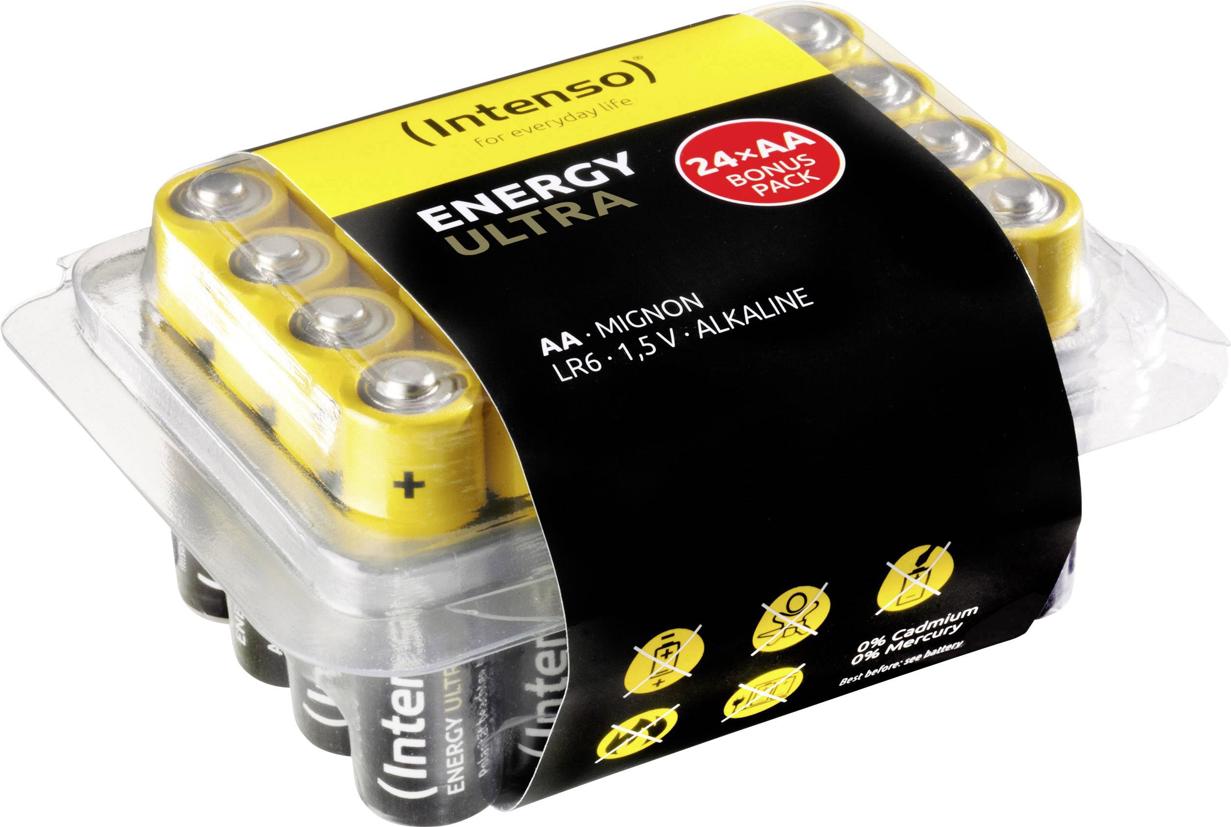 'Baterijski paket Intenso Energy Ultra, 24x AA Mignon, 1,5V alkalijske, s žuto-crnom etiketom, pogodan za svakodnevne uređaje.'