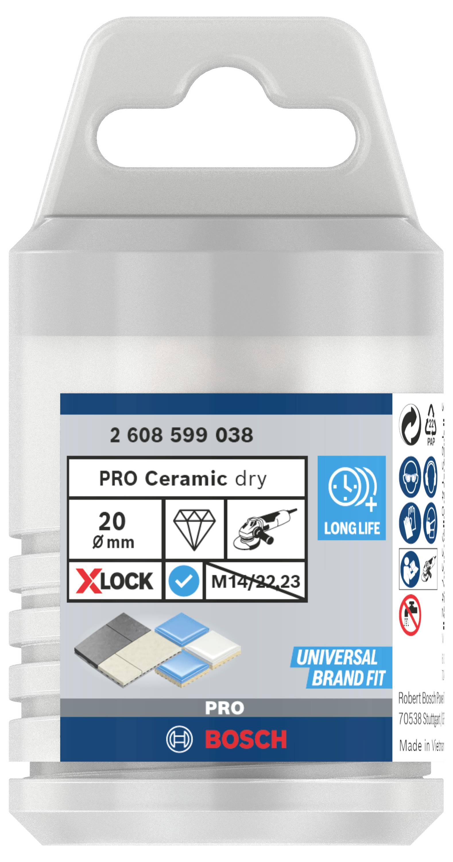 Prednja strana pakiranja 'Bosch PRO Ceramic dry' rezne ploče, 20 mm, s X-LOCK sustavom, za dugi vijek trajanja. Prikazani naziv marke i simbolika.