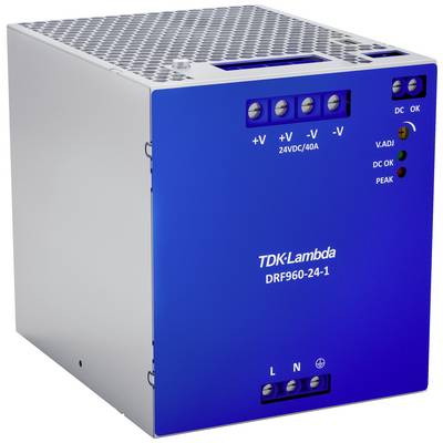 TDK-Lambda DRF960-24-1 napajanje s plavom prednjom pločom, više priključaka i LED indikatorima za status rada.