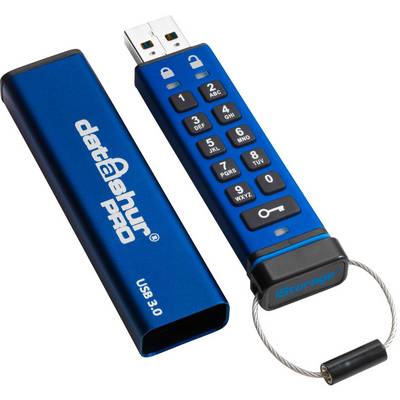 Plavi USB stick s brojčanim poljem za sigurnosnu lozinku. Zaštitni poklopac je uklonjen, a postavljen je kabelski ključ za zaključavanje.