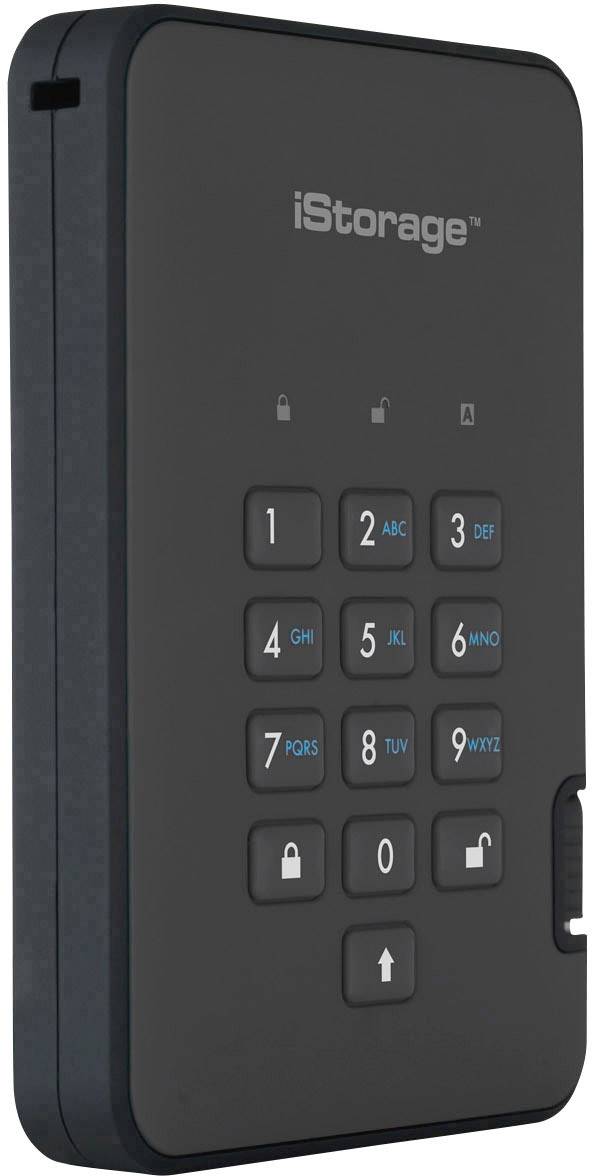 Vanjski crni vanjski disk s numeričkom tipkovnicom na prednjoj strani za unos PIN-ova. Marke 'iStorage'.