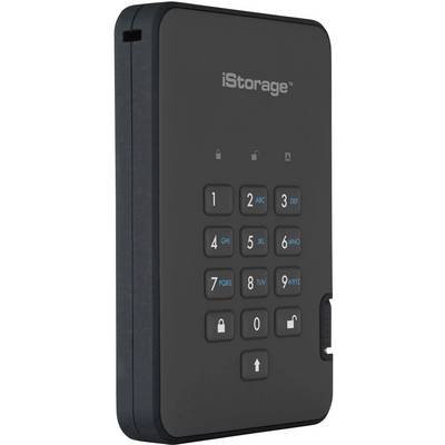 Vanjski crni vanjski disk s numeričkom tipkovnicom na prednjoj strani za unos PIN-ova. Marke 'iStorage'.