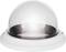 Prozirna kupola od plastike, montirana na bijeloj bazi, tipično korištena kao pokrov za sigurnosne kamere.