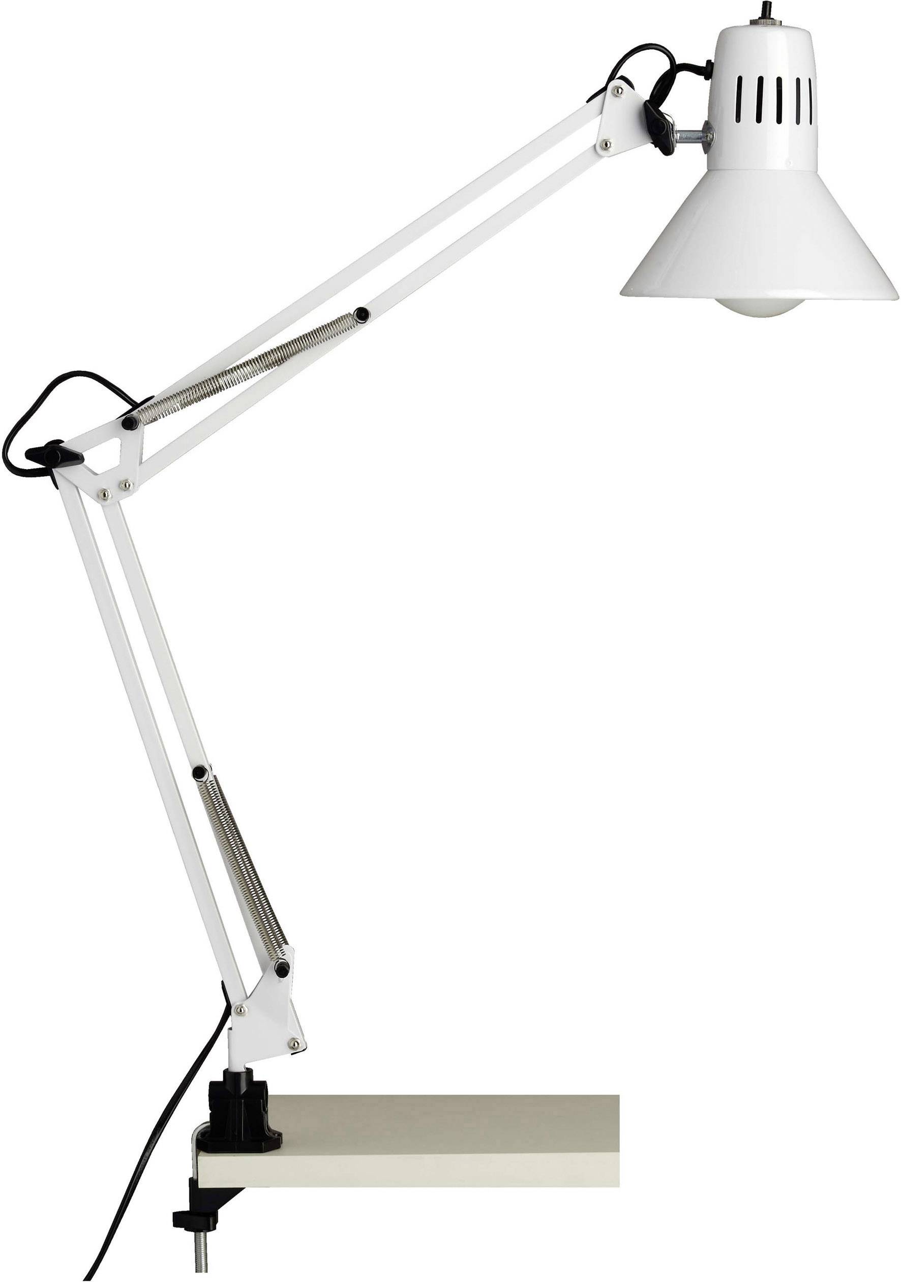 Bijela stolna lampa s podesivom rukom, pričvršćena na rub stola.