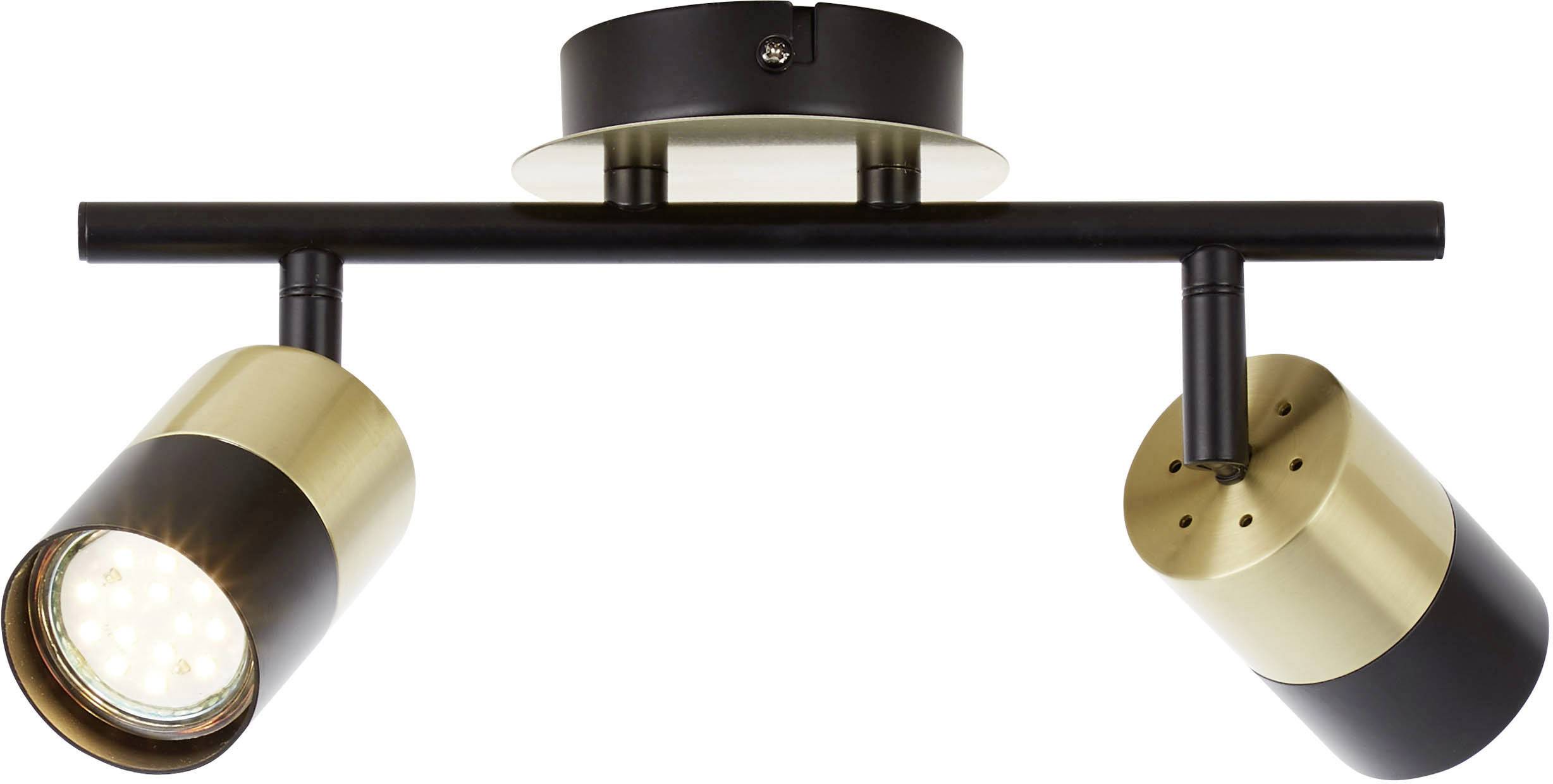 Moderna stropna svjetiljka s dvije podesive lampe u crno-zlatnoj boji. Idealna za ciljano osvjetljenje u stambenim prostorima.