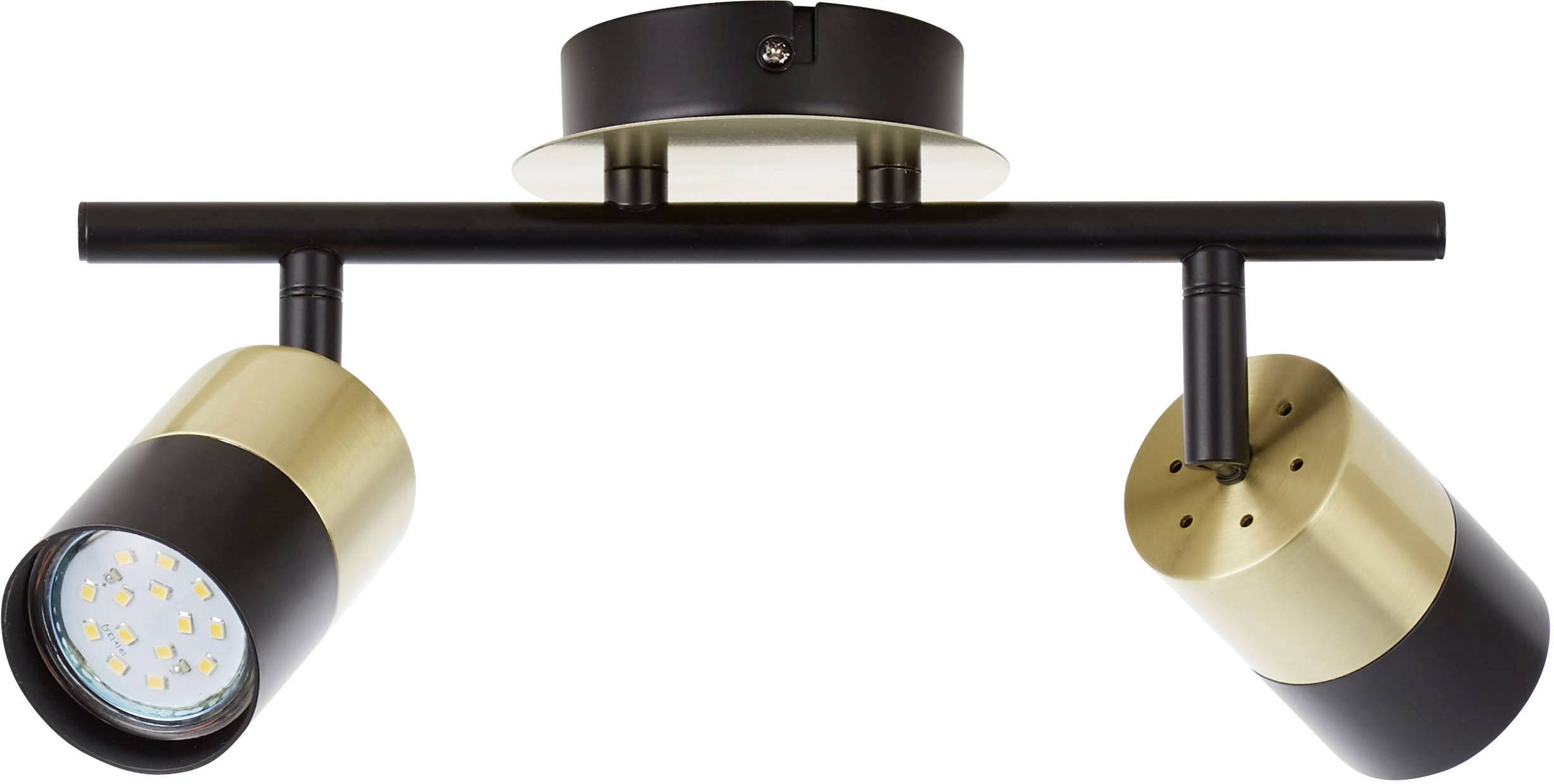Crna i zlatna LED stropna lampa s dva podesiva reflektora. Idealna za precizno osvjetljenje u modernim unutarnjim prostorima.