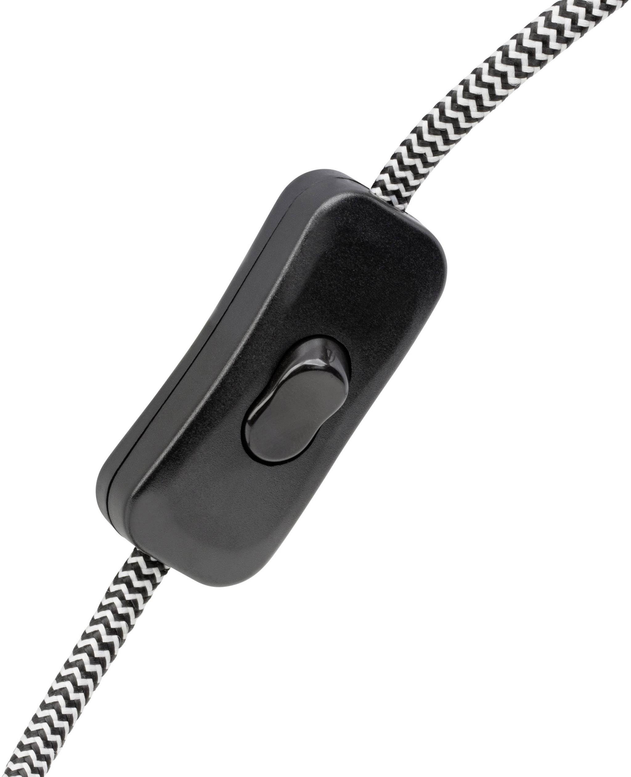 Crni prekidač na sredini crno-bijelo prugastog kabela.