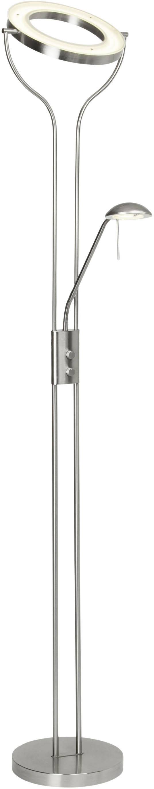 Metalna podna lampa s dva izvora svjetlosti: jedan gore za indirektno osvjetljenje, manji čitač za lokalno osvjetljenje. Elegantan, moderan dizajn.