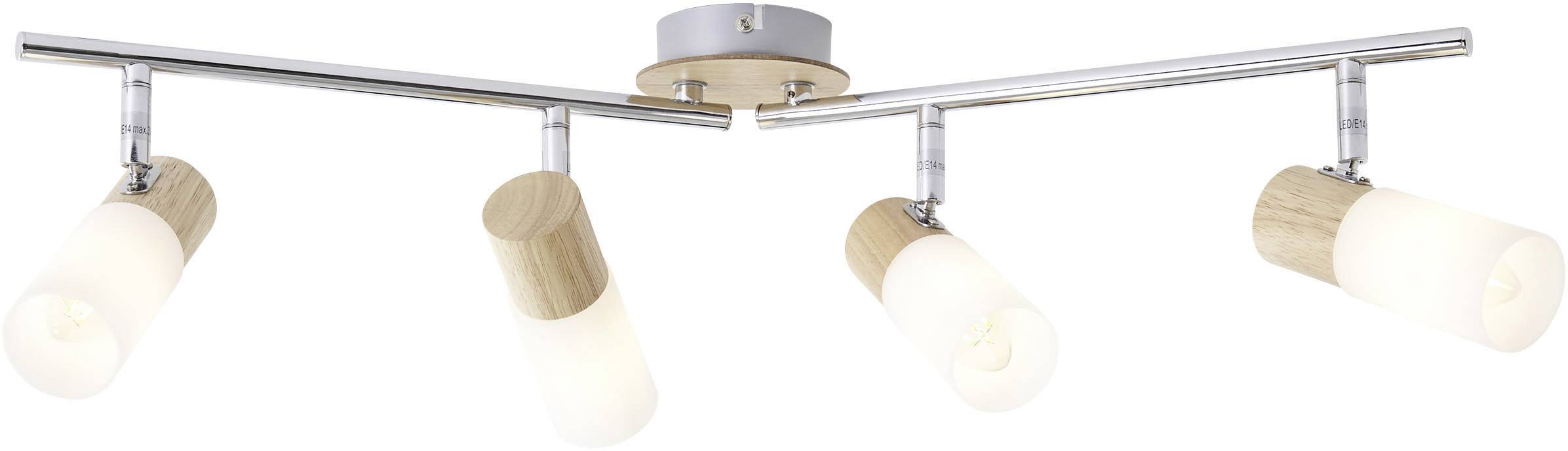 Moderna stropna lampa s četiri drvena i staklena snopa na kromiranoj šipki, pogodna za osvjetljenje stambenog prostora.