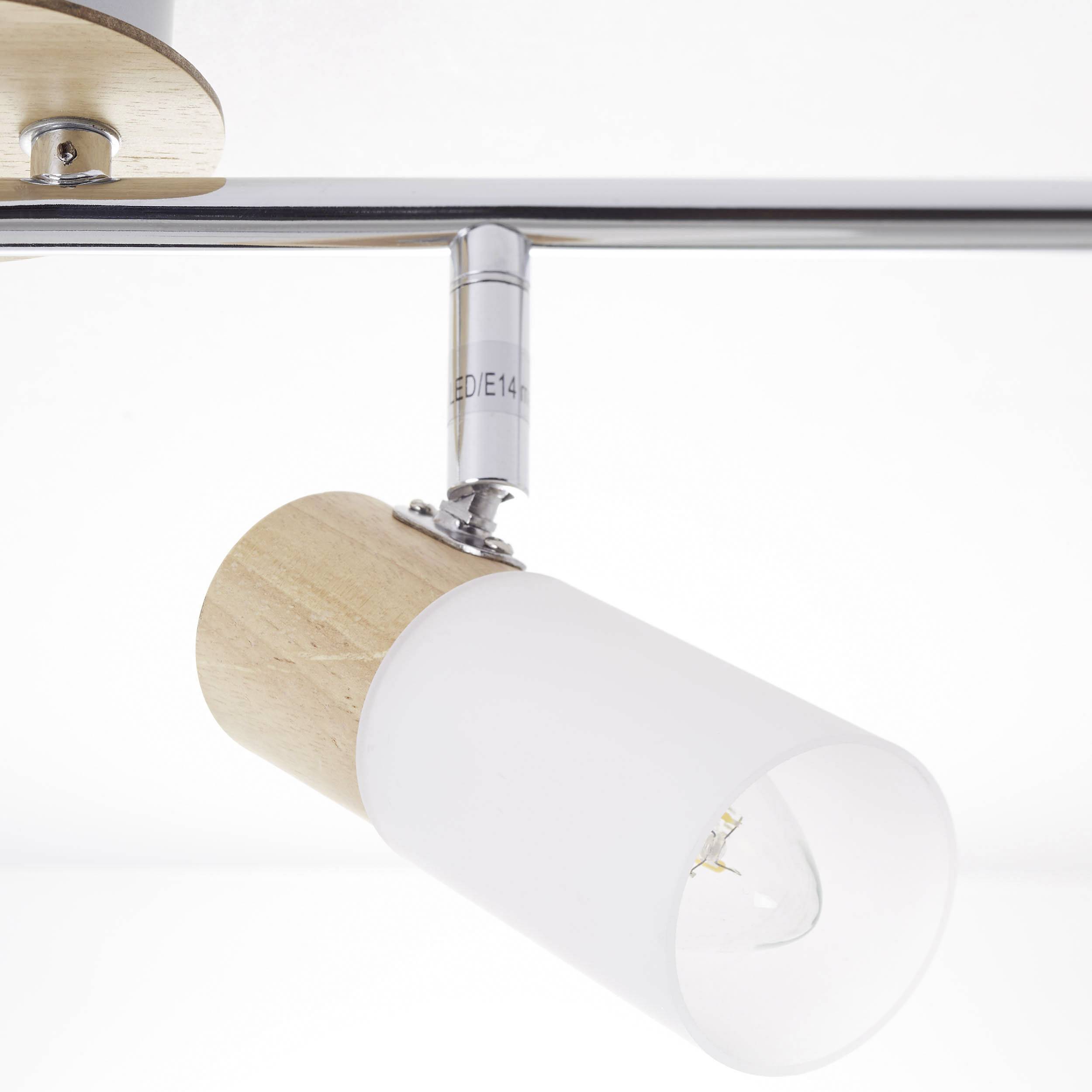 Stropna lampa s drvenim elementom, cilindričnim sjenilom i LED postoljem, pričvršćena na metalnom stupcu.