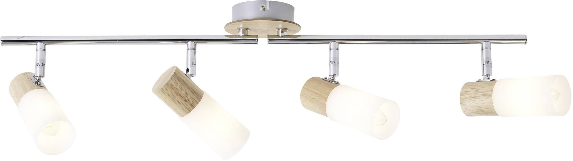 Stropna lampa s četiri cilindrične žarulje, kombinacija drva i metala, modernog dizajna, postavljena na podesivim krakovima.