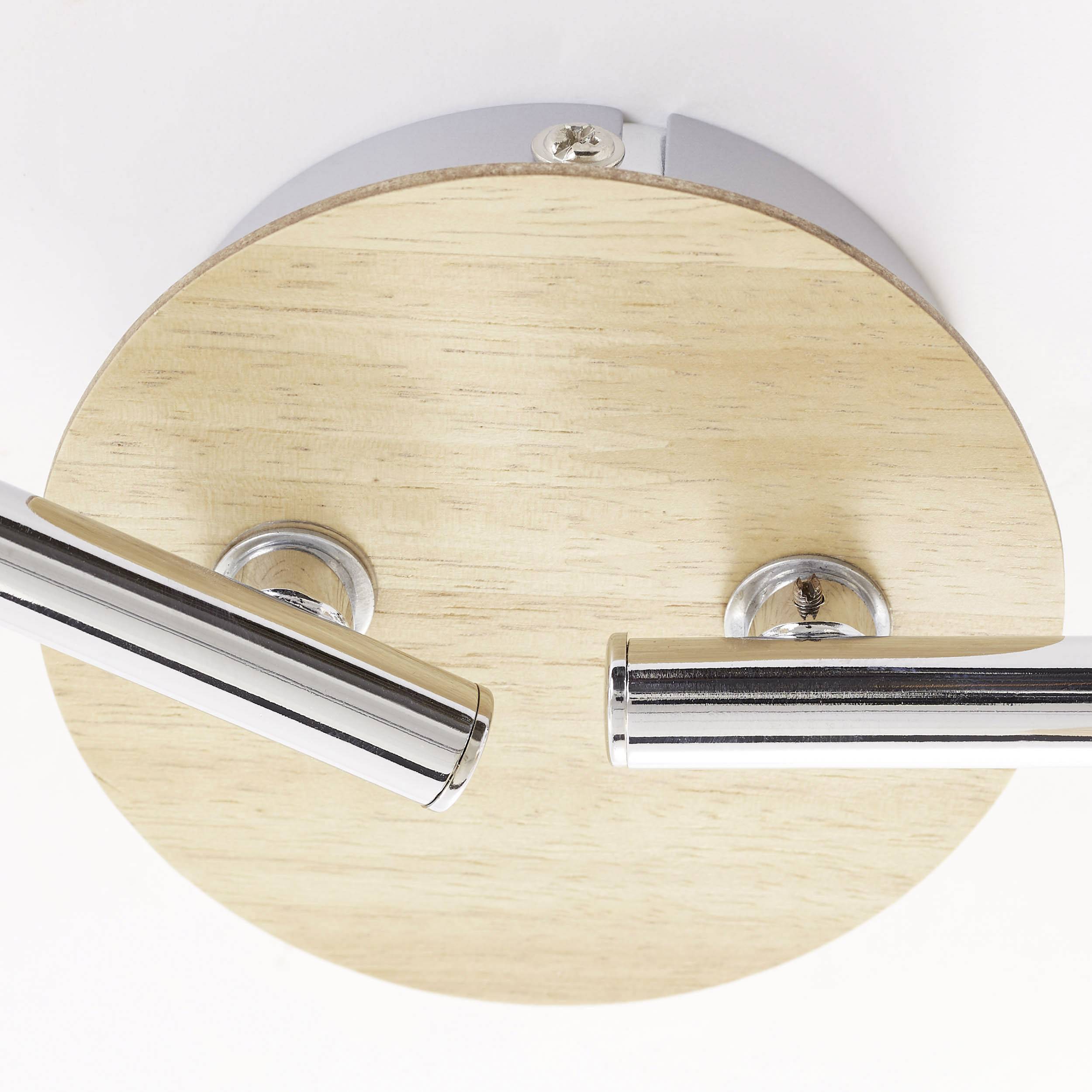 Stropna lampa s drvenim i metalnim naglaskom, prikazuje dvije podesive cilindrične LED lampice. Modernog stila.