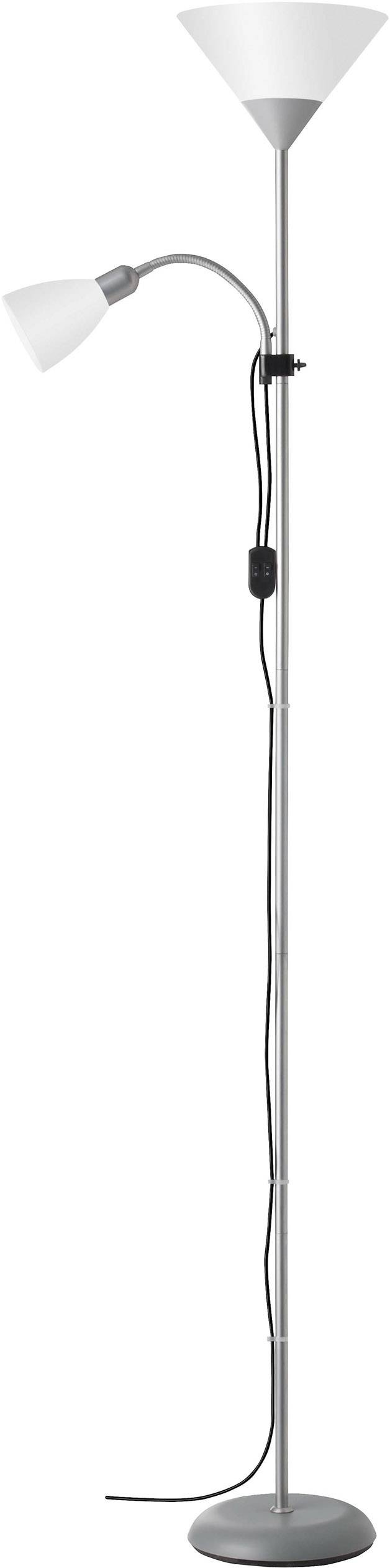 Metalna podna lampa s dva bijela sjenila; veliko fiksno sjenilo gore i malo podesivo sjenilo na fleksibilnoj ruci.