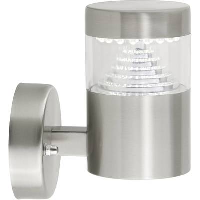 Zidna lampa od brušenog metala s prozirnim plastičnim kućištem i vidljivim LED žaruljama, pogodna za vanjsku upotrebu.