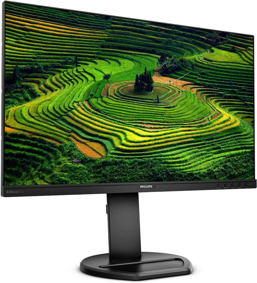 Računalni monitor prikazuje fotografiju sjajno zelenih rižinih terasa koje se prostiru through hills pod vedrim nebom.