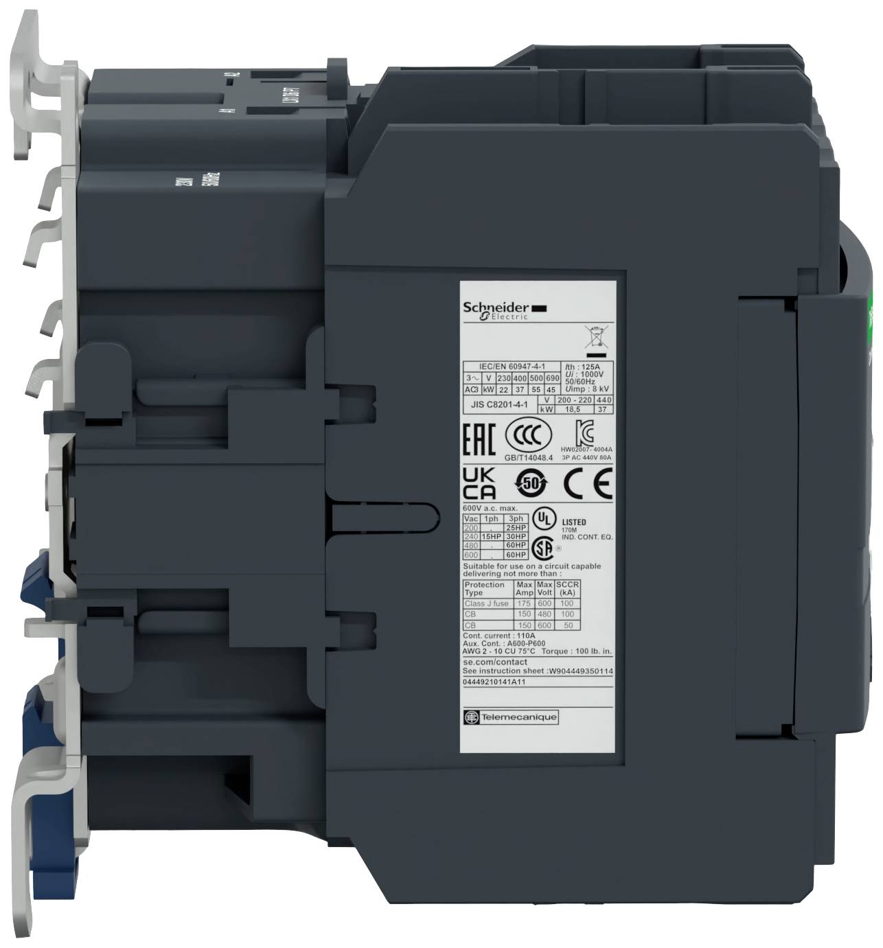 Pogled sa strane na električni prekidač tvrtke Schneider Electric s tehničkim informacijama i certifikatima s desne strane.