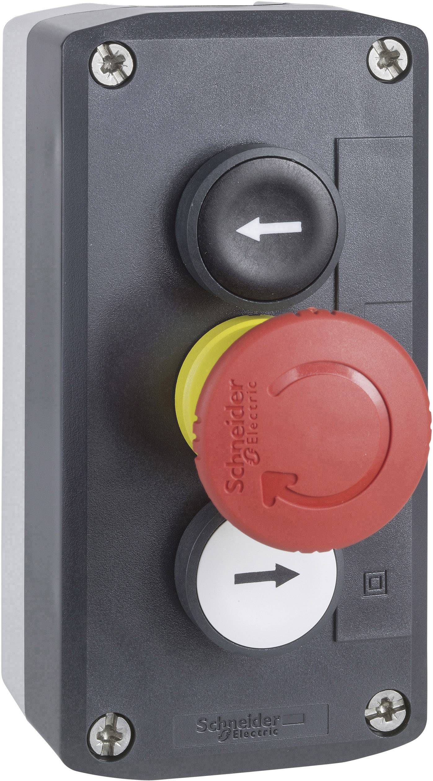 Tipka za zaustavljanje i dvije upravljačke tipke na upravljačkoj kutiji. Crvena tipka označena natpisom 'Schneider Electric'.