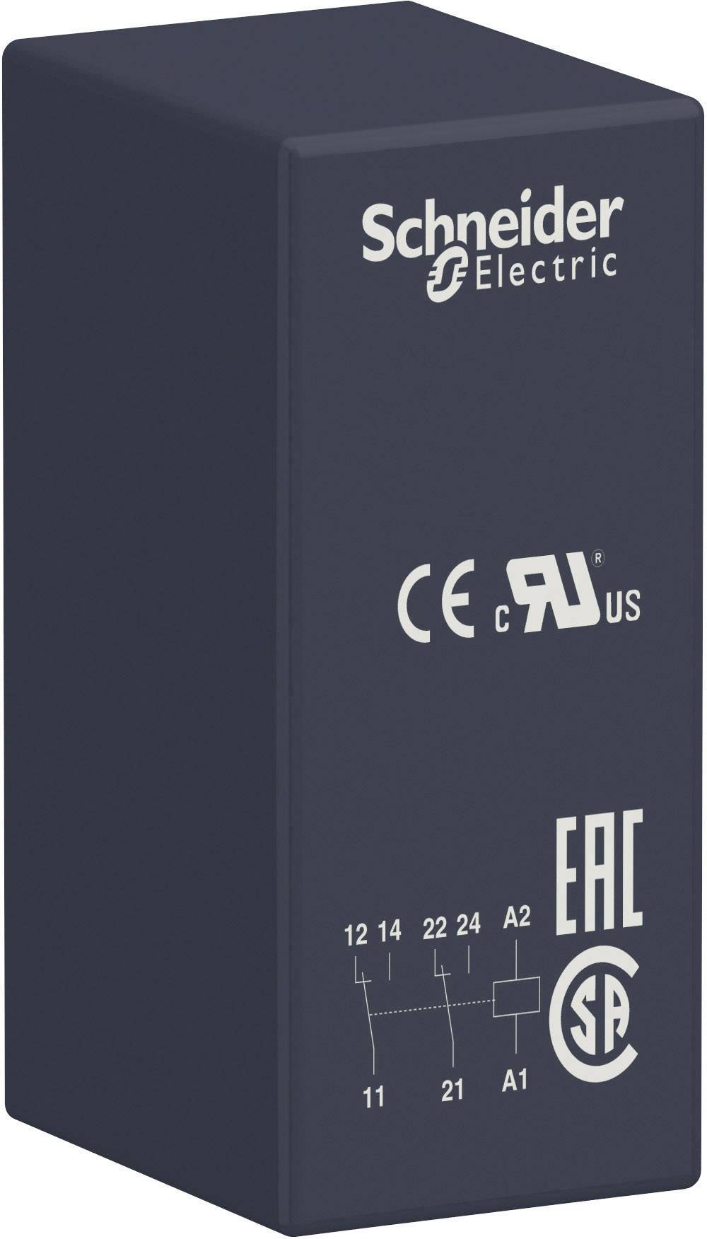 Tamni pravokutni konstruktivni element tvrtke Schneider Electric, obilježen CE- i EAC-znakom te ostalim certifikatima.