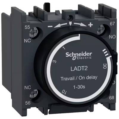 Crni električni element tvrtke Schneider Electric s natpisom 'LADT2' predstavlja vremenski relej koji kontrolira odgođeno uključenje.