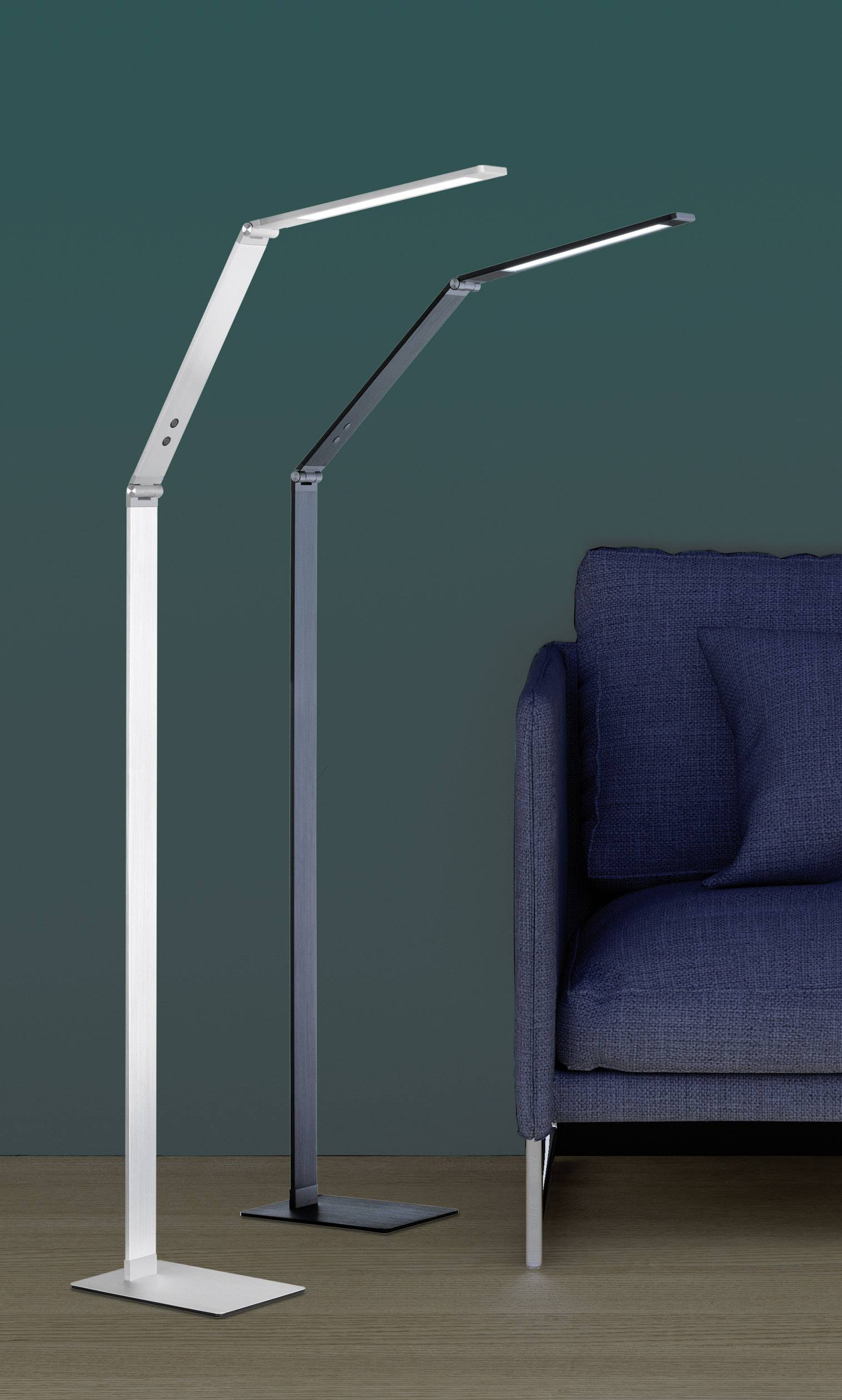 Dvije moderne podne lampe u bijeloj i crnoj boji osvjetljavaju prostor pokraj plavog kauča na drvenom podu ispred zelenog zida.