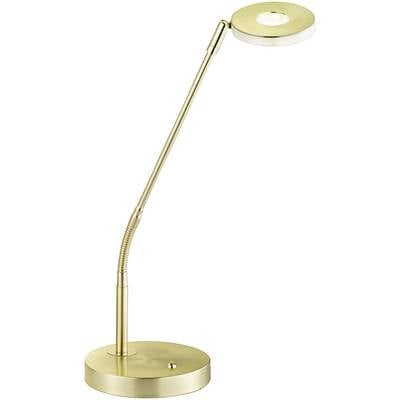 Zlatna, vitka stolna lampa sa okruglim sjenilom i savitljivom rukom.