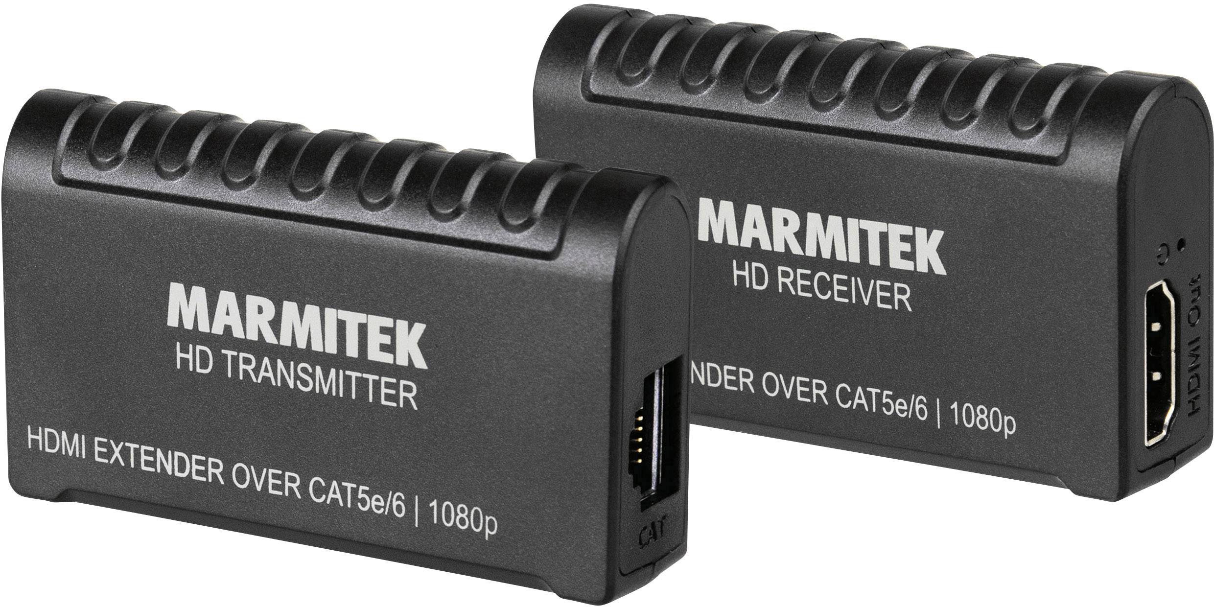 Dva crna Marmitek HDMI-proširivača; lijevo 'HD predajnik', desno 'HD prijemnik'; povezuju HDMI preko CAT5e/6; podrška za 1080p.